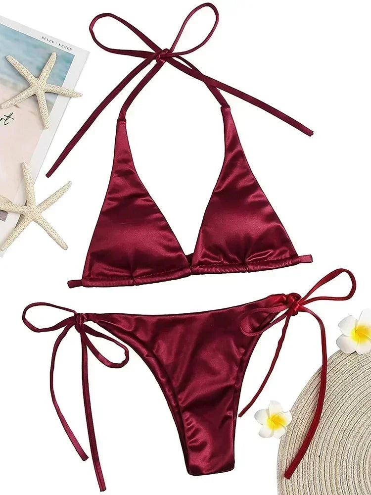 Metallic Satin Bikini Damen – Wrap Around Halter Zweiteiler